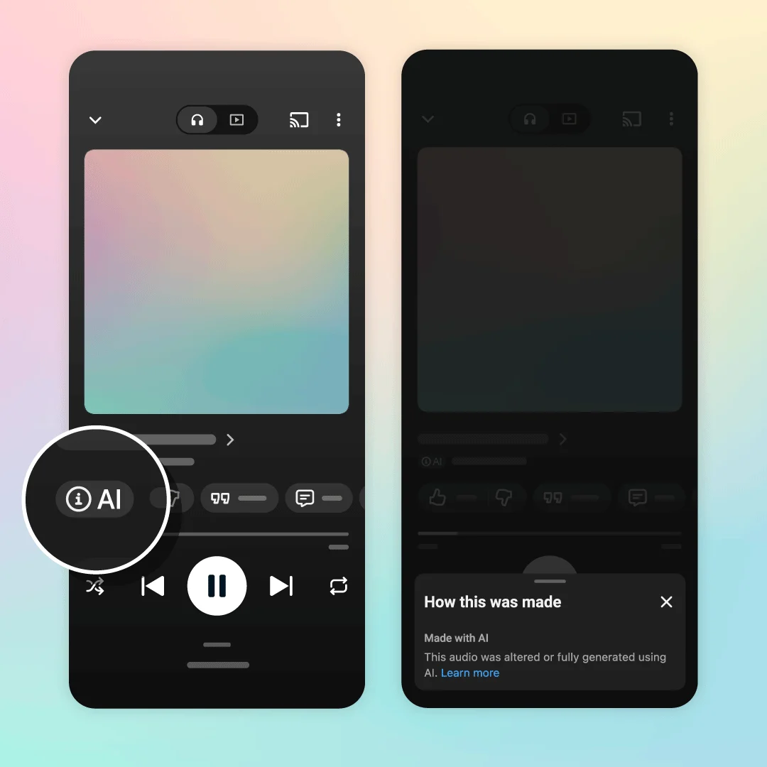 Le lecteur de YouTube Music avec la nouvelle pastille « AI », et le menu « How this was made : Made with AI » (visuel officiel YouTube)