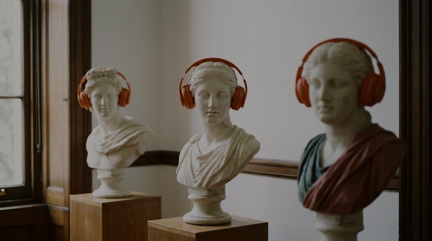 Trois bustes antiques portant des casques audio orange, dans une galerie de musée