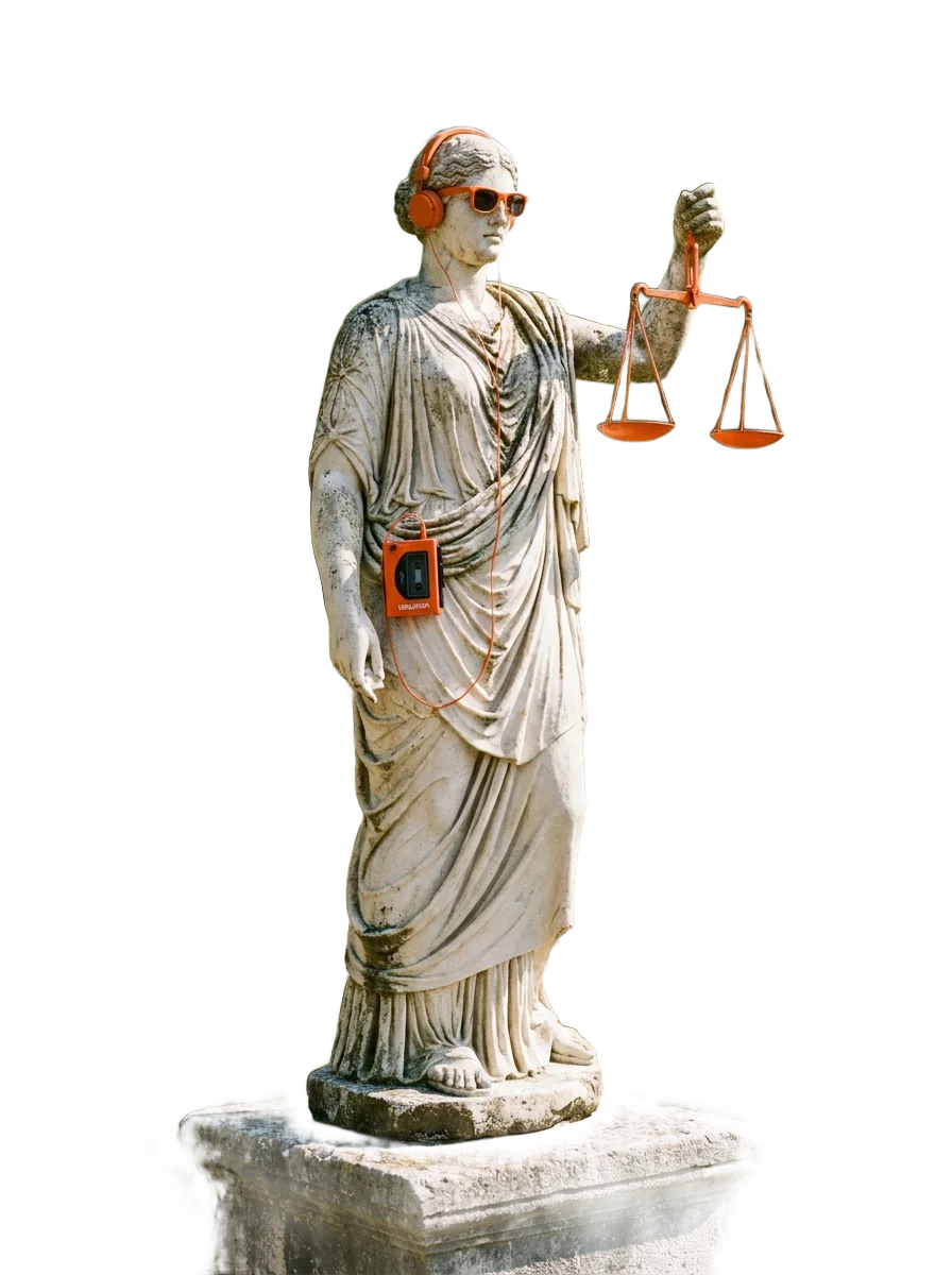 Statue antique de Thémis, la déesse de la justice, avec un casque audio orange et sa balance